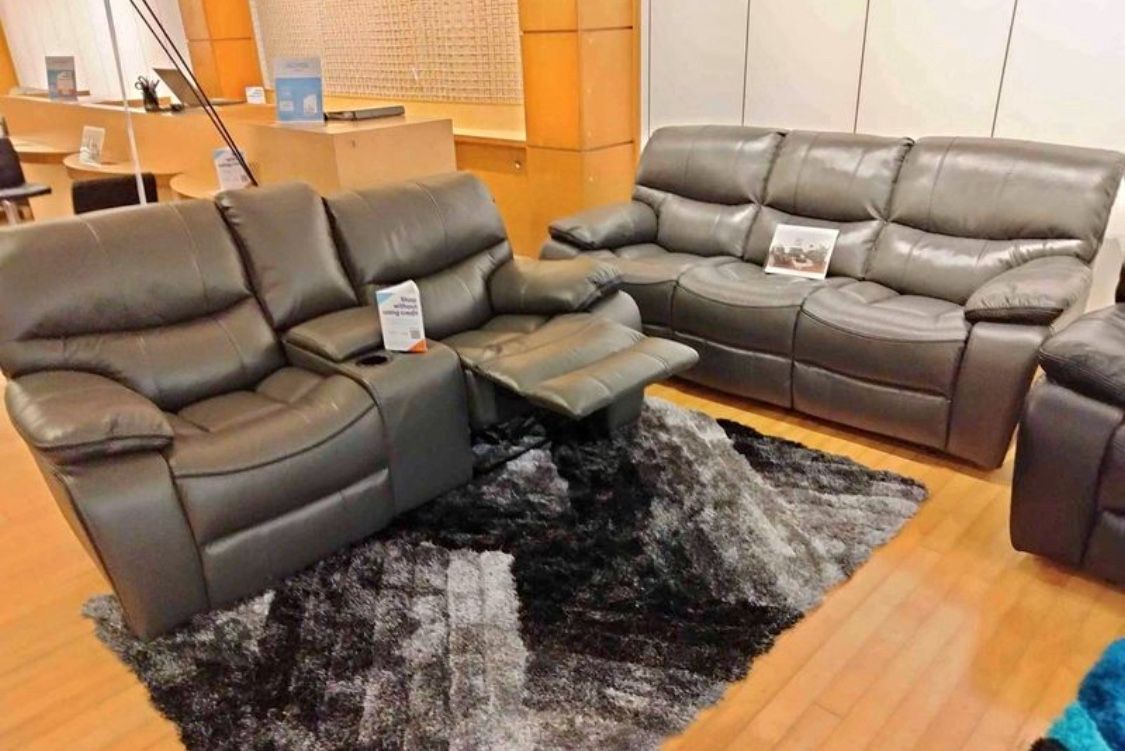 Fourth of July sale. Madrid, gray leather reclining sofa and loveseat set now $1199. Easy finance option. Same-day delivery.