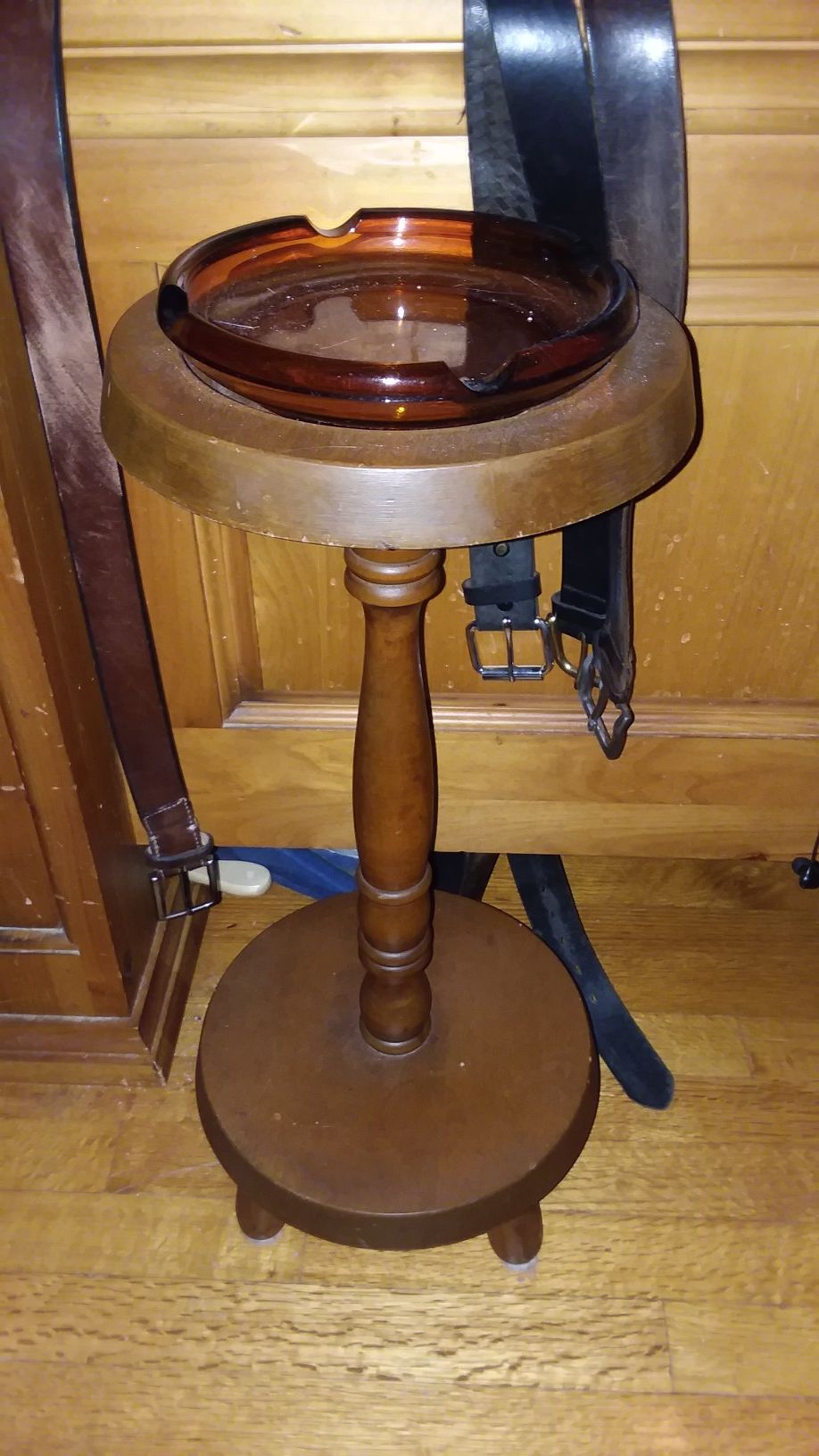Vintage wood pedestal ashtray stand with amber pyrex ashtray