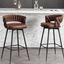 Modern Bar Stools Set of 2, 30" Bar Height Barstools, 180° Swivel Suede Fabric Stool Chairs with Woven Back and Footrest for Kitchen Island, Cafe, Pub