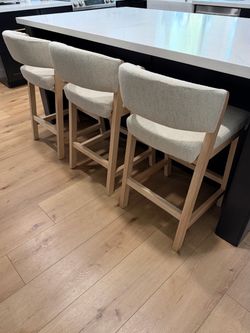 Mid-Century Upholstered Beige Linen Counter Stools With Solid Wood Frame