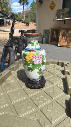 Cloisonné Floral Vase with Wooden Stand
