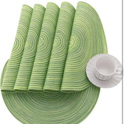 Round Placemats Set of 6 for Dining Tables 15 inch Cotton Braided Placemats Washable Reversible for Kitchen Holiday Party (Mixed Color Pea Green, 4)