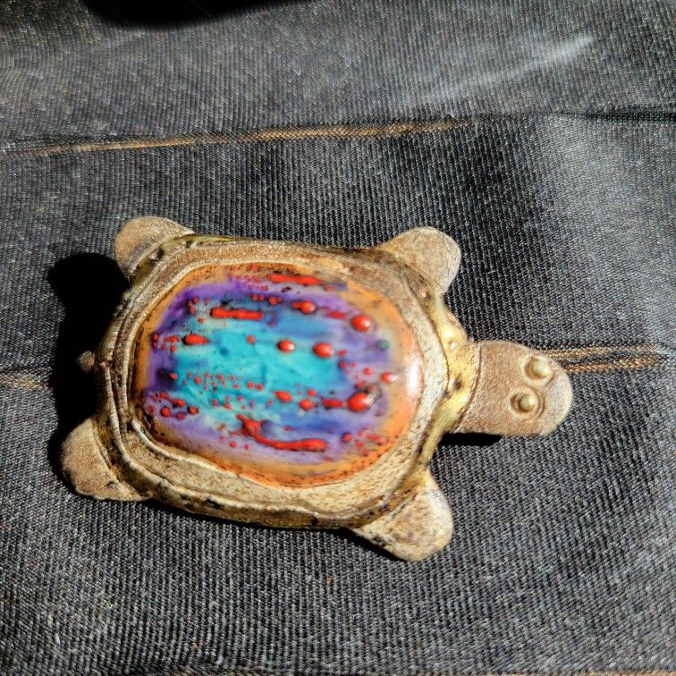 Vintage Mixed Metals Handmade Glazed Turtle Brooch Hand Painted 2"