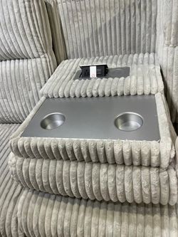 Grey corduroy Power Recliner sofa features LED lighting, wireless audio connectivity & much more