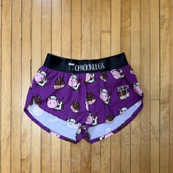 NWOT Chicknlegs Choccy Cows 1.5" Split Women’s Purple Shorts Sz. XS