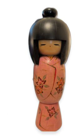Vintage Japanese Kokeshi Doll, Pink Kimono with Lilies, Pedestal Base
