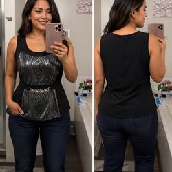 Black Sequin Sleeveless Peplum Top with Gold Chain Detail – Party