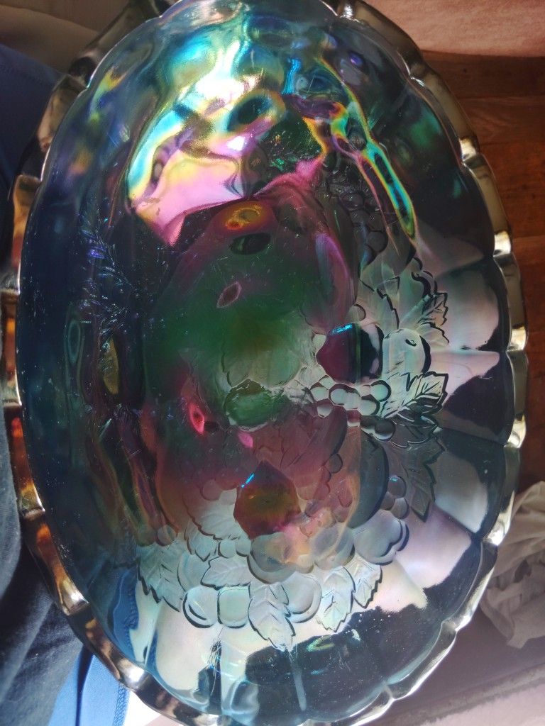 Vintage Indiana Glass Blue Carnival Glass Fruit Bowl 12 inches