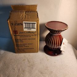 VINTAGE NEW Home Interiors Red Stripped Pilar  or Jar Ceramic Candle Holder 7" 