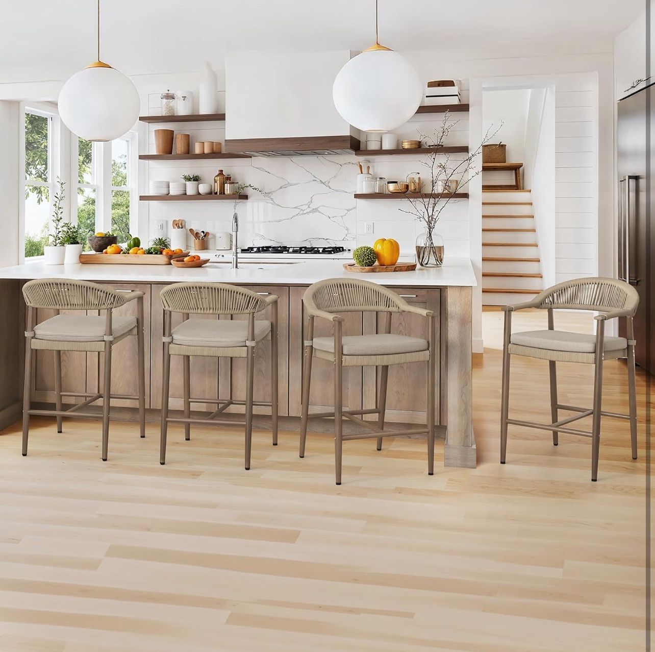 Bar Stools Set of 4, 24.8'' Aluminum Outdoor Bar Stool with Removable Cushion, Boho Rattan BarStools, Olefin Rope Woven Bar Chairs with Footrest for P