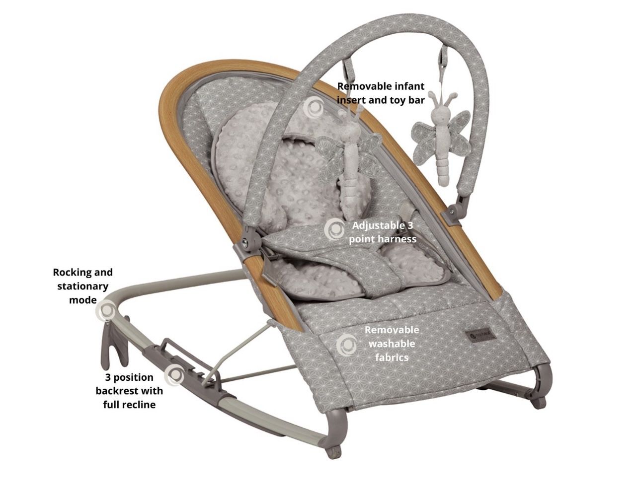 Monbebe Serenity Baby Rocker with 3 positions, Grey Stardust
