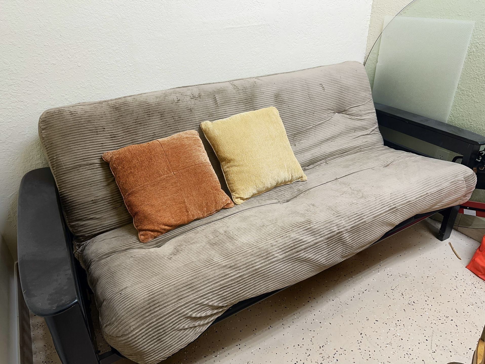 Used Beige Futon with Two Cushions - Cozy & Compact
