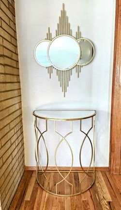 MCM Art Deco Gold Metal Table and Sunburst Mirror