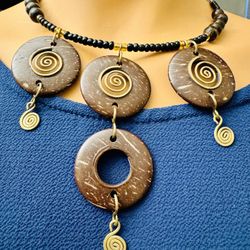 Bib Bohemian Necklace Wood Beads w Brass Metal Accents Ethnic Tribe Gift Hangs 9 Inch