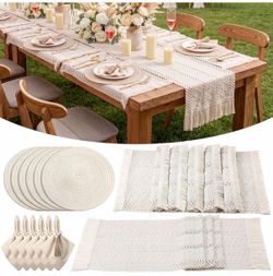 6 Sets Boho Place Mats Set Round Woven Placemats, Cloth Napkins, Wood Bead Napkin Rings, White Table Runner with Tassel and Farmhouse Rustic Placemats