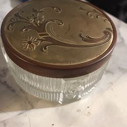 Old Art Deco Dresser Jar Powder Box Fluted Tulip Glass Base Brass Bouquet