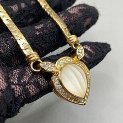 Vintage Christian Dior Carved Frosted Glass Gold Tone Necklace Pendant 