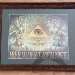 VINTAGE EUROPEAN FOLK ART RELIGIOUS PRINT GOD ZIET MIJ HIER VLOEKT MEN NIET 