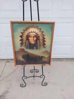 Vintage framed native american chief and stagecoach lithograph signed John Stanford