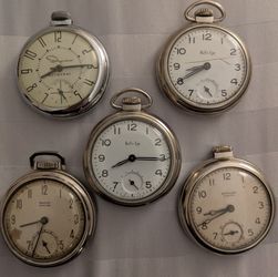5 vintage antique dollar type pocket watches.  Most of these seem to be running, and working well, but have not been thoroughly tested and therefore a