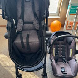 This is an Evenflo Pivot Modular Travel System stroller in Casual Gray. 