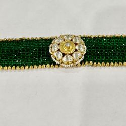 Green And Gold Beaded Floral Bracelet 