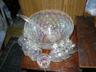 white vintage carnival glass punch bowl and glasses