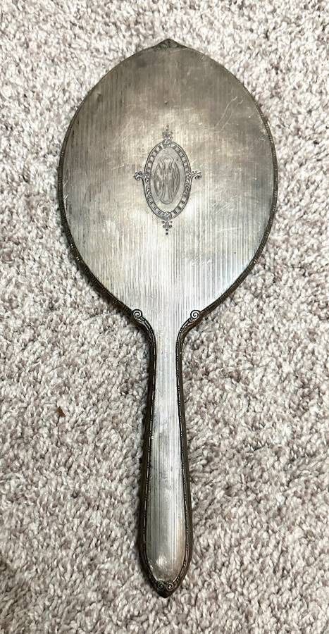Antique Vanity Silver Monogrammed Hand Held Beveled Oval Mirror