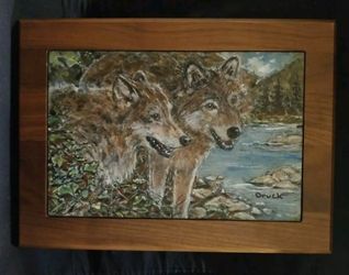 Original Oil Painting Of Pair Of Wolves On Slate Framed In Wood. 8×12 Inches. $150