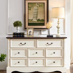 8 Drawers Dresser, 54" Wide Farmhouse Chest of Drawers with Charging Station, Distressed Finish Design, Modern Storage Dressers Organizer   New in box