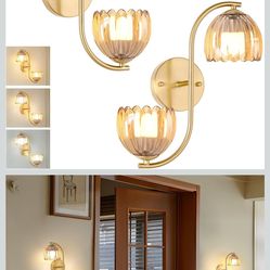 Shenmoyl Battery Operated Wall Sconce, 2-Lights Vinatge Brass Wall Lighting Up and Down with Amber Tulip Shade for Living Room, Bedroom, Symmetrical 2