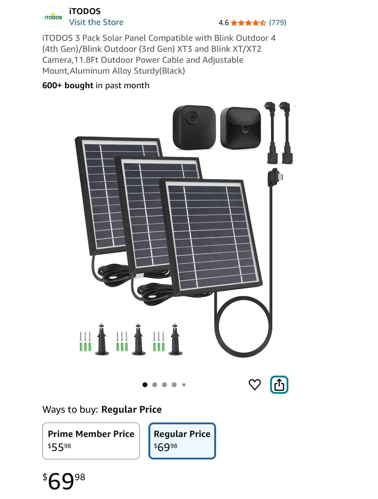iTODOS 3 Pack Solar Panel Compatible with Blink Outdoor 4 (4th Gen)/Blink Outdoor (3rd Gen) XT3 and Blink XT/XT2 Camera,11.8Ft Outdoor Power Cable and