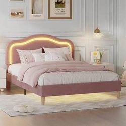 New Pink Velvet Queen Size Bed Frame with LED Lights