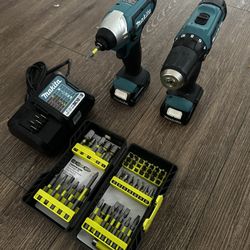 Makita Drill And Impact Driver With Charger, 2 Batteries, And Drill Bit Set