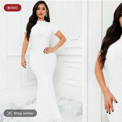  Long White Sequins Dress