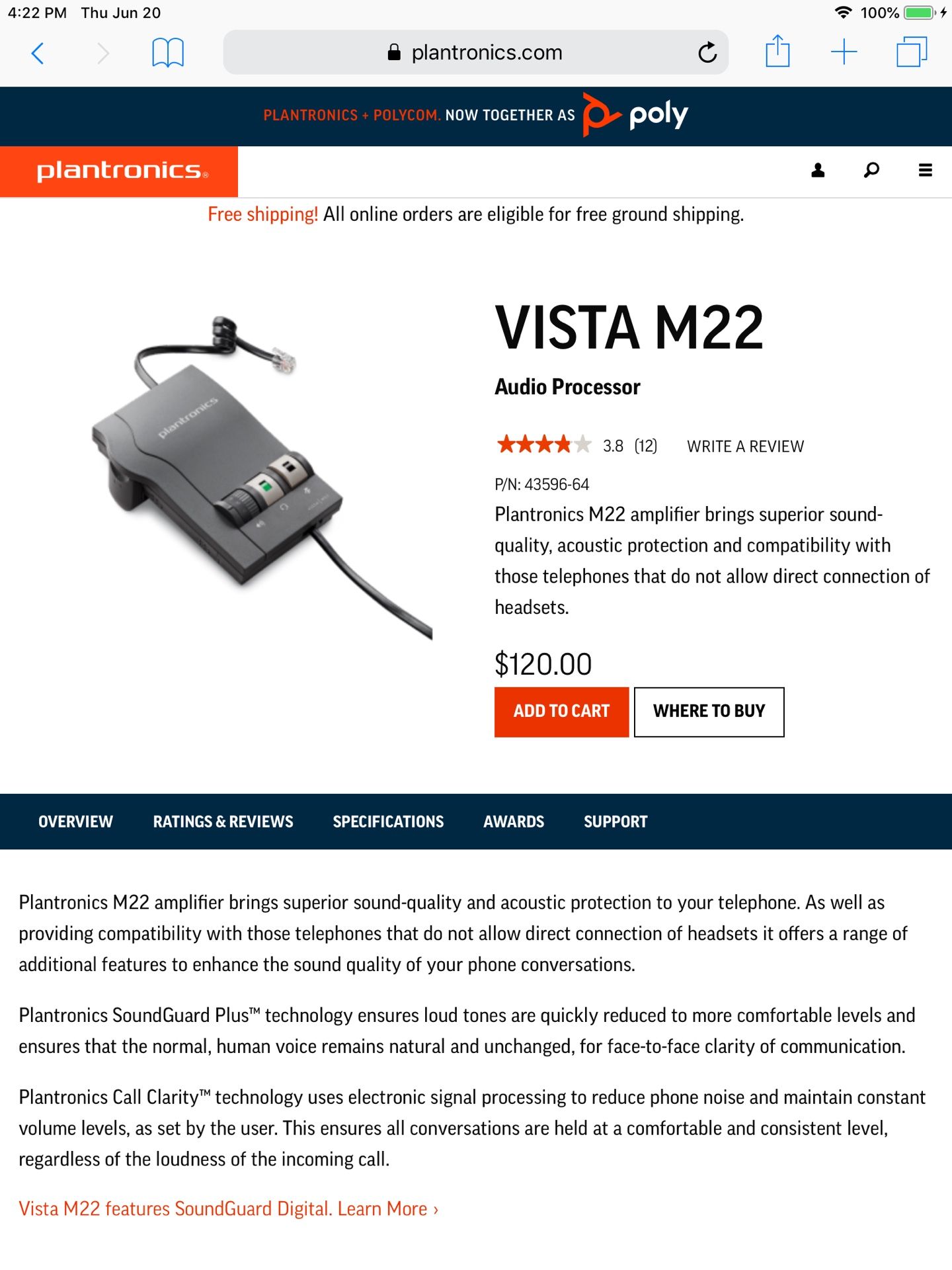 Plantronics Vista M22 Amplifier with Clearline Audio