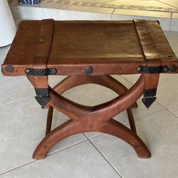 Spanish Colonial Curule Mahogany and Leather Stool Ottoman 