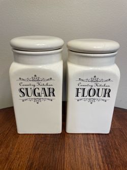 Pier 1 Country Kitchen Ceramic Flour Sugar Canister Set White Farmhouse Lidded
