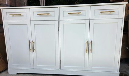 White Sideboard Buffet Cabinet with Gold Handles