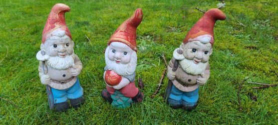 3 Nice Vintage Ceramic Gnome Garden Statues