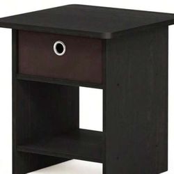 Set of 2 End Table Side Table Storage Shelf With Bin Drawer Black Espresso Brown Living Room Compact