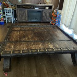 Rustic Antique Wooden Ox Cart With Metal Accents Coffee Table