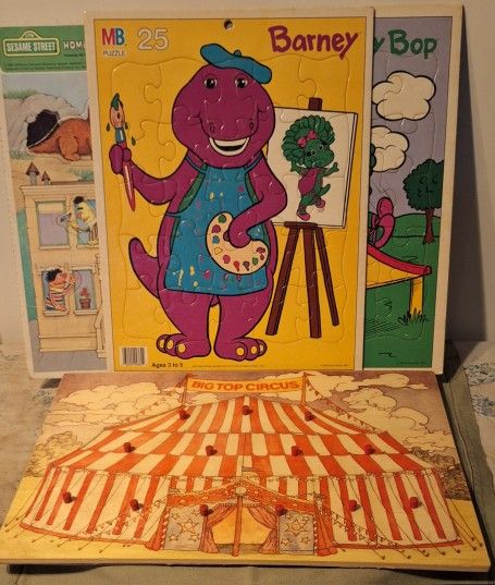 Classic Puzzles-Lot Of 4-Barney, Sesame Street & Robert Longstaff