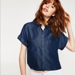 Zara Blue Cropped Soft Denim Tee Shirt  Size XS