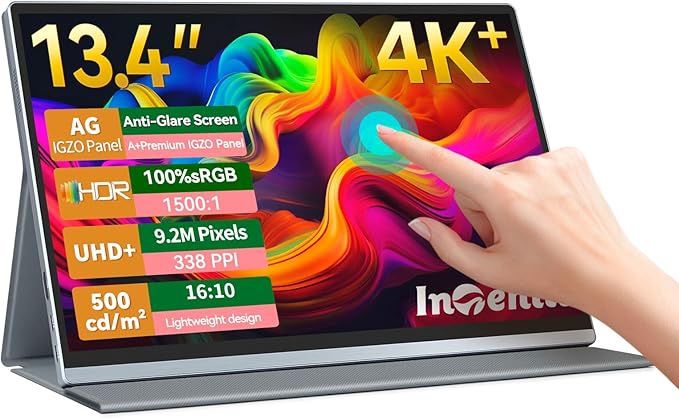 Intehill 4K Portable Monitor, 13.4 Inch Touchscreen 3840 * 2400 IGZO Anti-Glare Portable Monitor 4K, 10-Point Multi-Touch, HDR, sRGB 100%, Built-in Sp