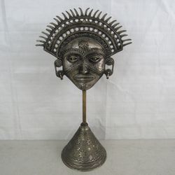 Meso American Inca Tribal Sun God Mask Brass Sculpture 17 3/4" Tall


