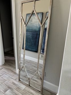 Large Floor Mirror with Geometric Wood Frame