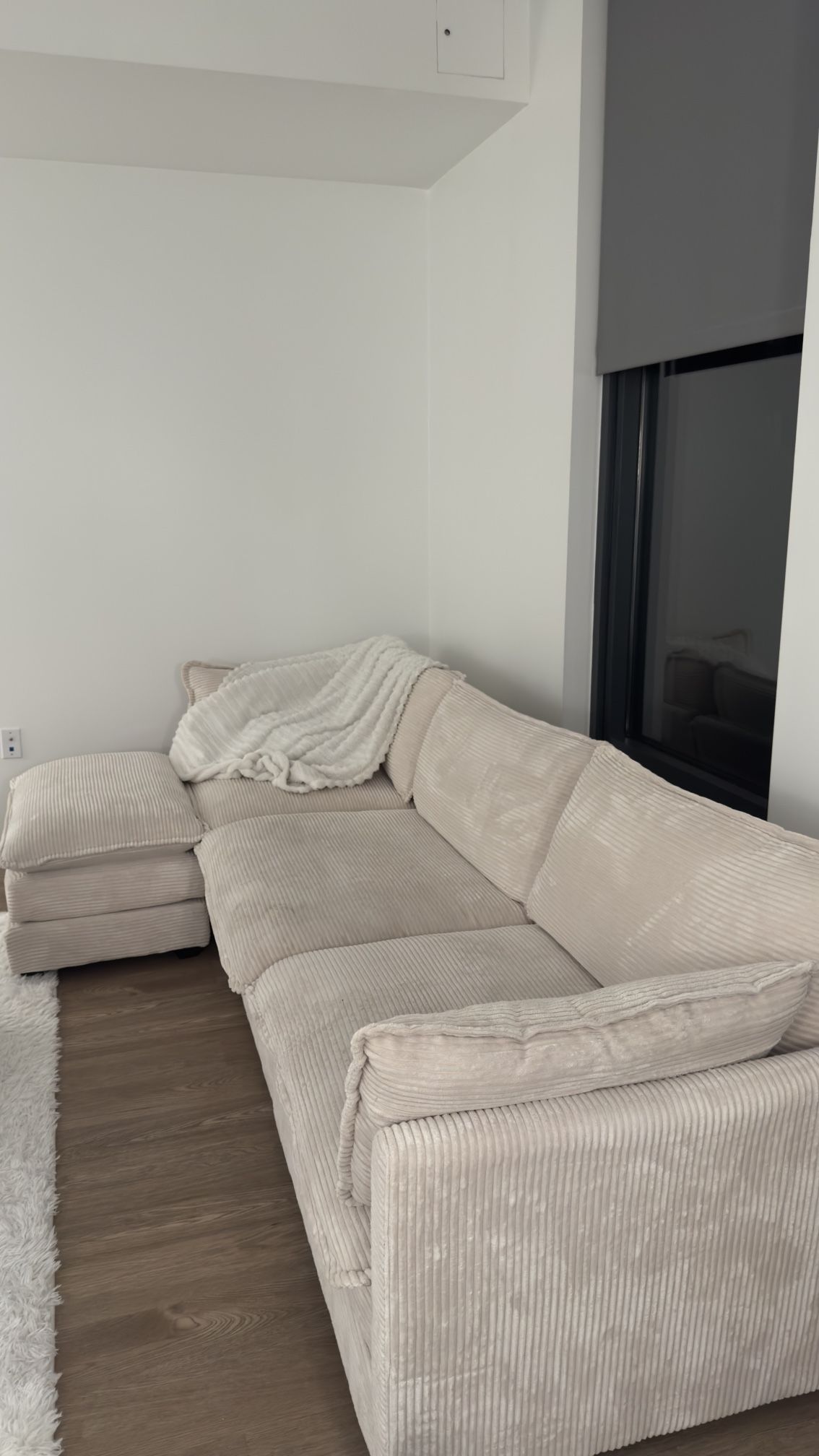 Modern L-Shaped Sectional Sofa with Ottoman – Beige Corduroy, Space-Saving Design