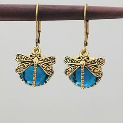 Vintage Gold dragonfly Blue stone women's drop dangle earrings Gift