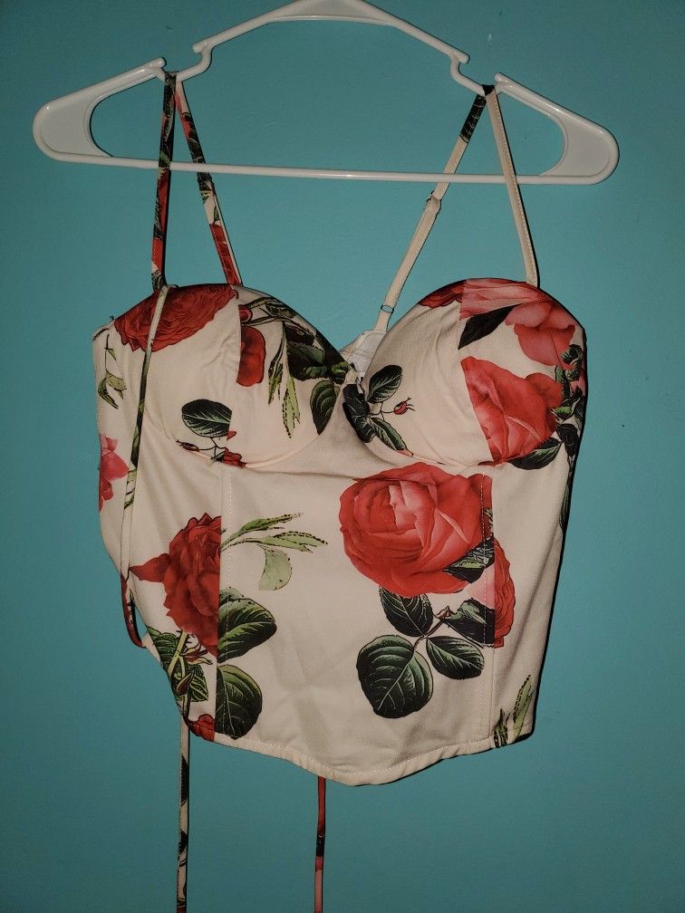 Fashion Nova Floral Sleeveless Sweetheart Neck Corset Top Peach Size L